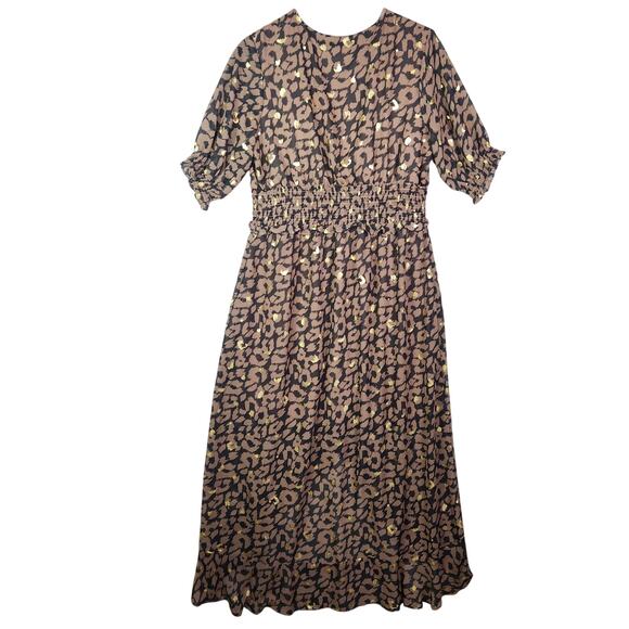 Express Smocked Waist Hi-Lo Cheetah Dress L Ruffles V Neck Wedding Guest Chiffon - Picture 10 of 16